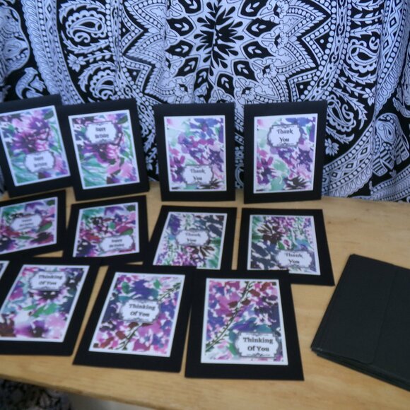 Set of 12 Handmade Black Background Watercolor Cards NWT - Picture 1 of 6